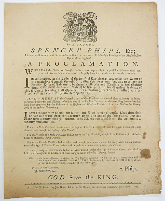 A picture of an excerpt from the 18th century Phips Proclalmation.